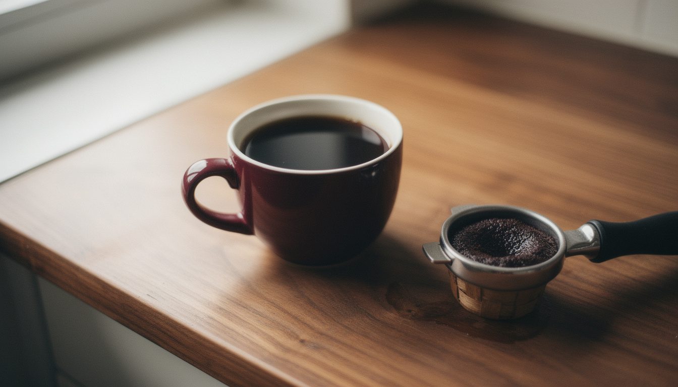 A dark cup of black coffee beside a basket of spent, compacted grounds