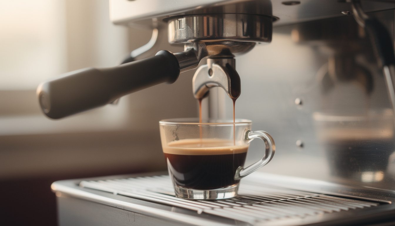 A glass espresso cup with thin dark crema under a portafilter spout