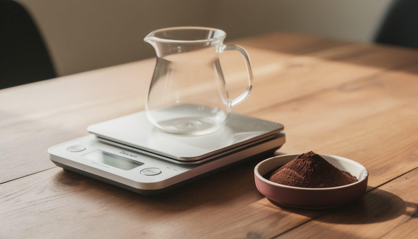 A scale under a glass coffee server with ground coffee in a dish beside it