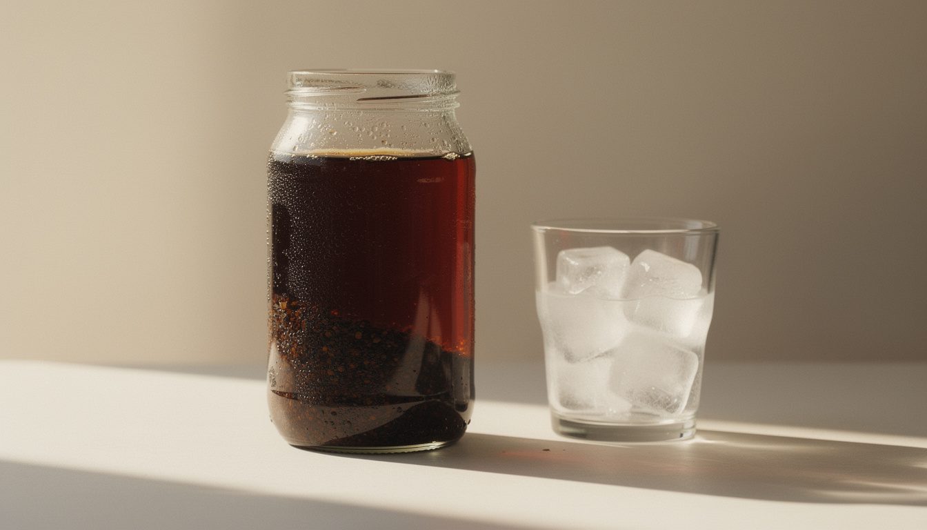 A glass jar of cold brew concentrate with coarse grounds settling