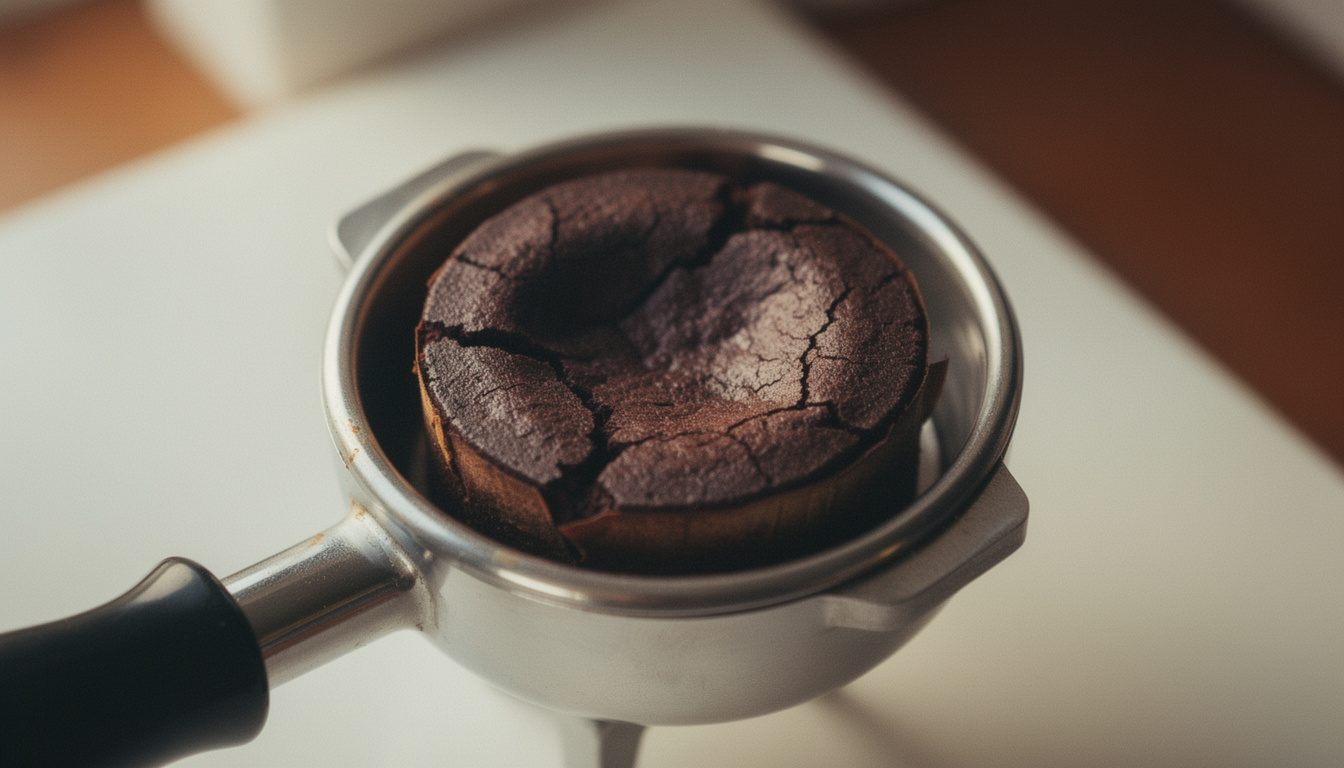 A spent espresso puck in a portafilter basket with a cratered, uneven surface