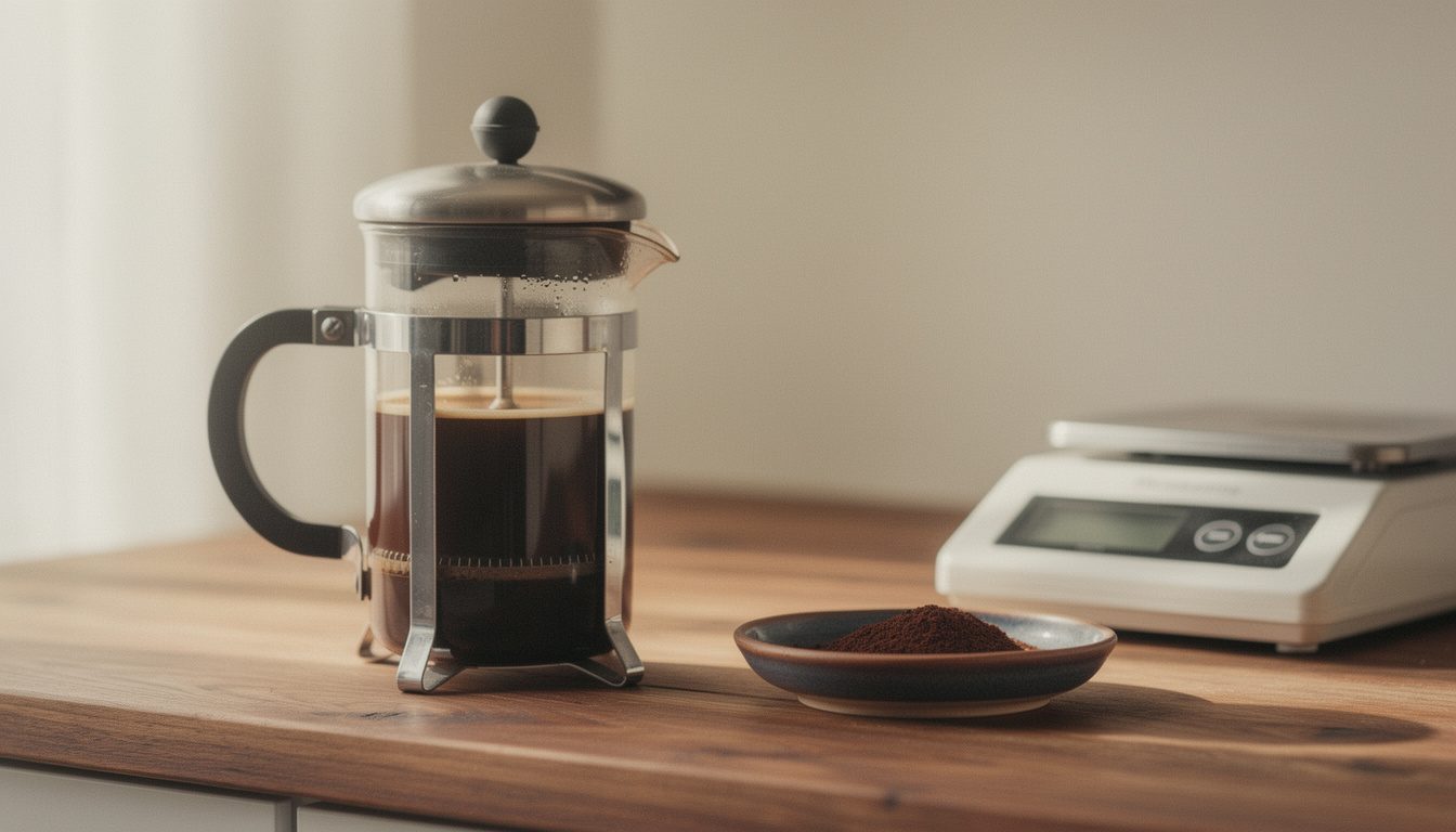 A french press half plunged beside a scale and a dish of coarse grounds