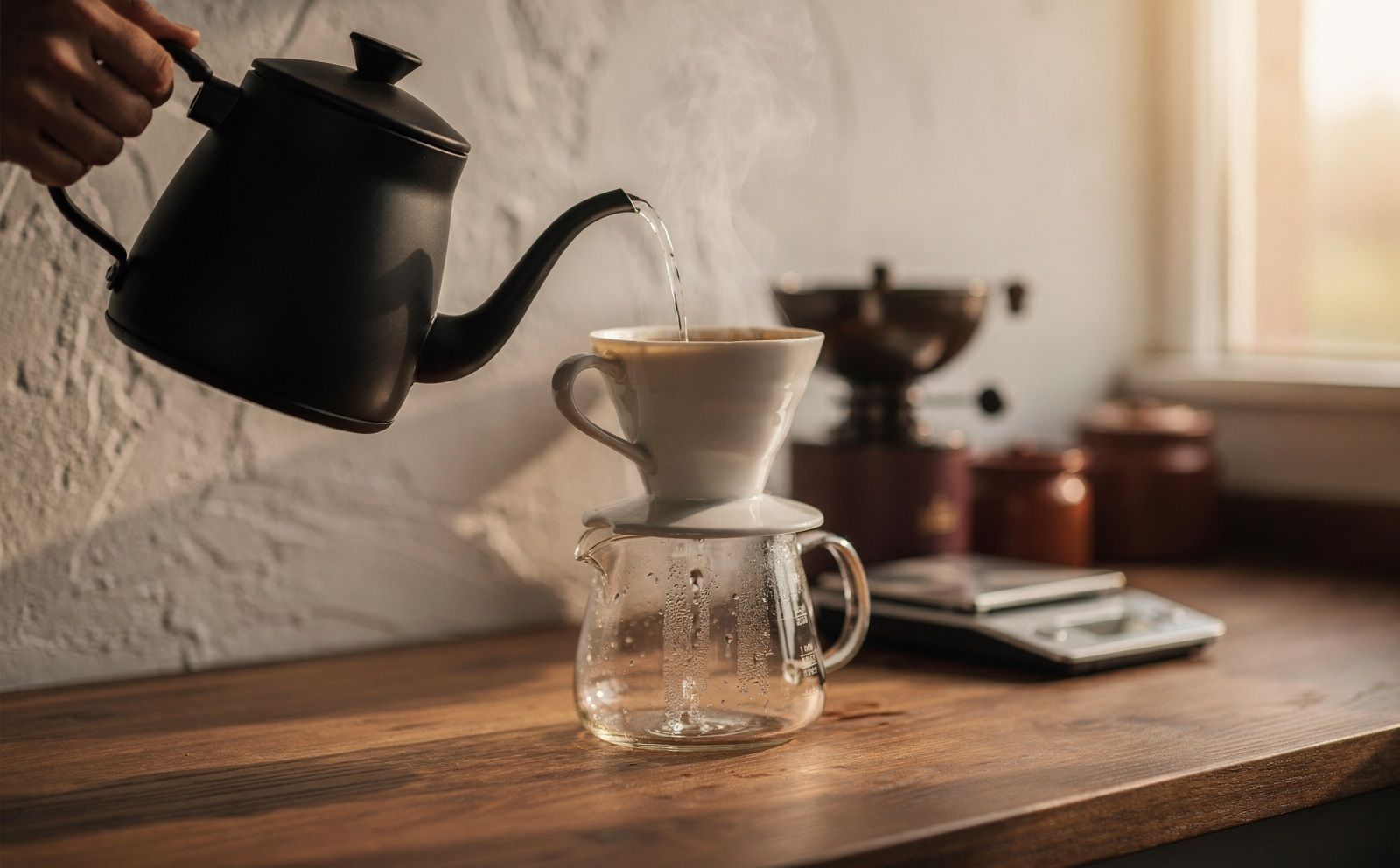 A gooseneck kettle pouring water into a ceramic pour-over cone on a wooden kitchen counter, with a grinder and scale behind it