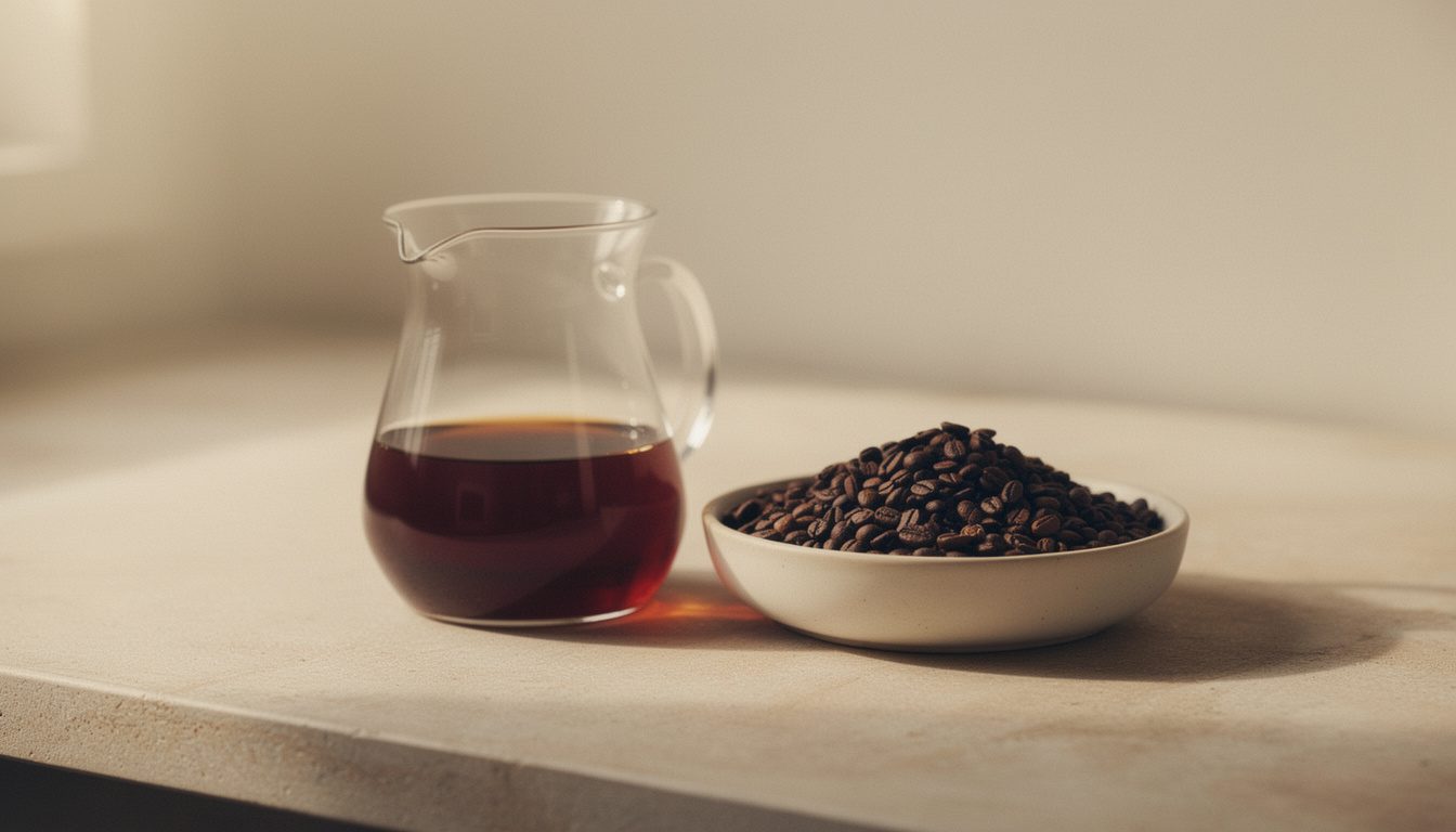 A full carafe of drip coffee beside a heaped dish of medium ground coffee
