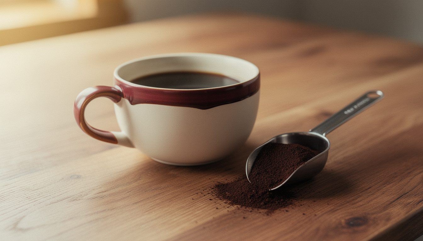 A cup of black coffee beside a level scoop of ground coffee