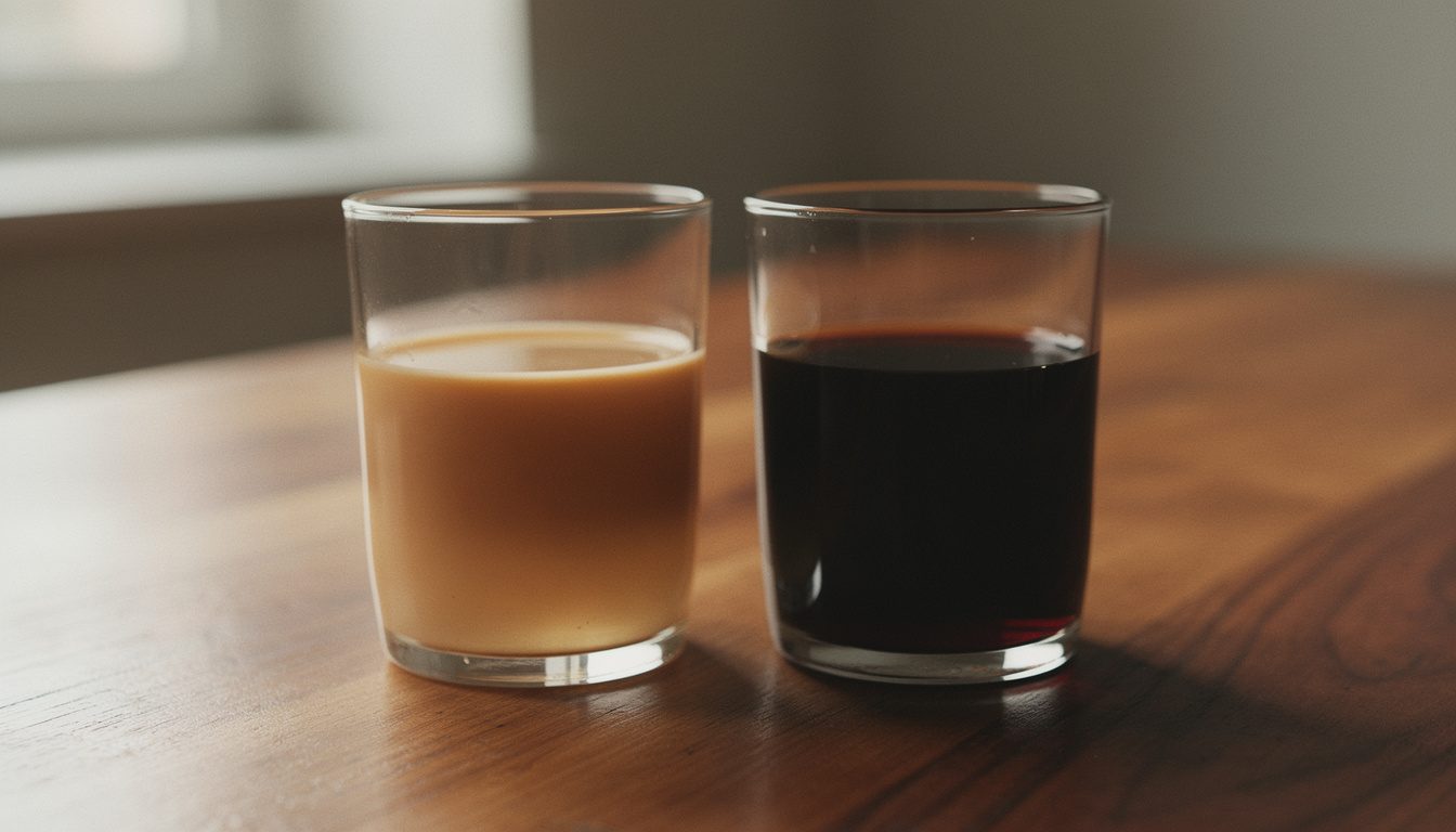 Two glasses of coffee side by side, one pale and thin, one very dark