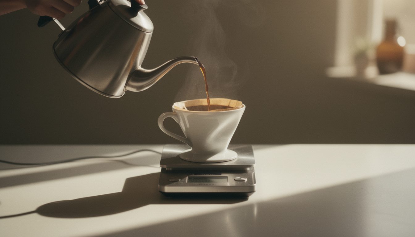 A gooseneck kettle pouring into a pour-over cone standing on a scale