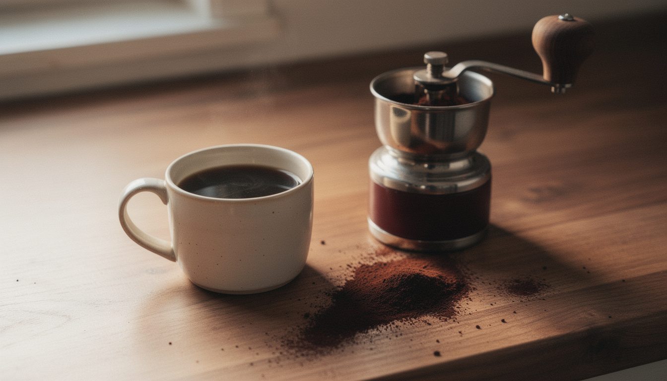 A pale weak cup of coffee beside a hand grinder with coarse grounds spilled